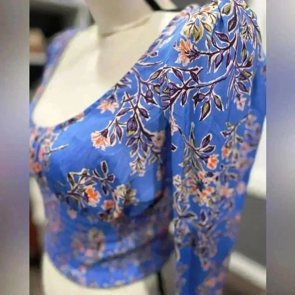 Free People Blue Floral Santiago Smocked Waist Long Sleeve Blouse Size XS